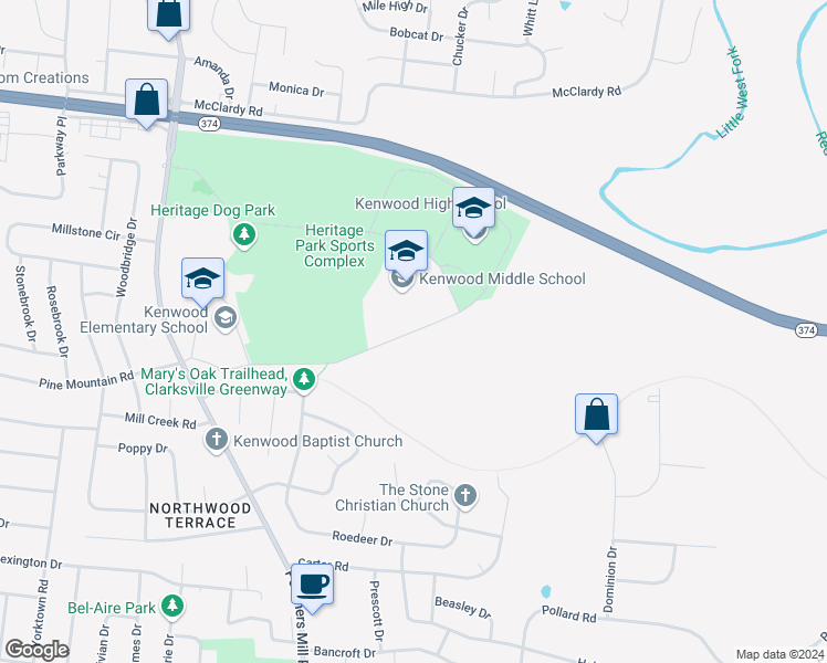 map of restaurants, bars, coffee shops, grocery stores, and more near 241 East Pine Mountain Road in Clarksville