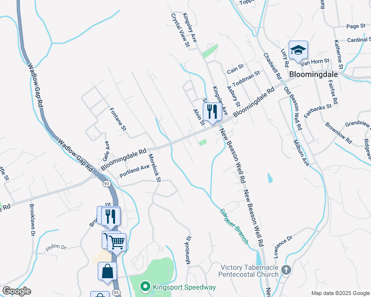 map of restaurants, bars, coffee shops, grocery stores, and more near 112 Overhill Road in Kingsport