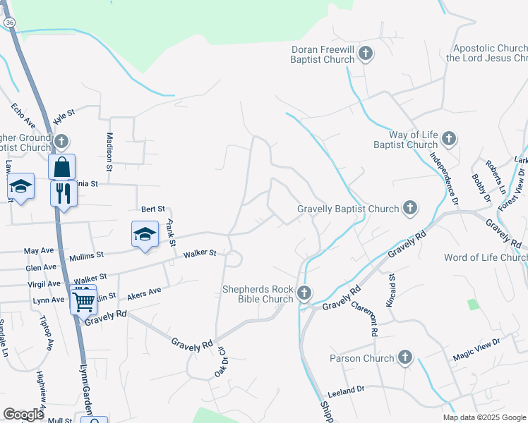 map of restaurants, bars, coffee shops, grocery stores, and more near 413 Mullins Street in Kingsport