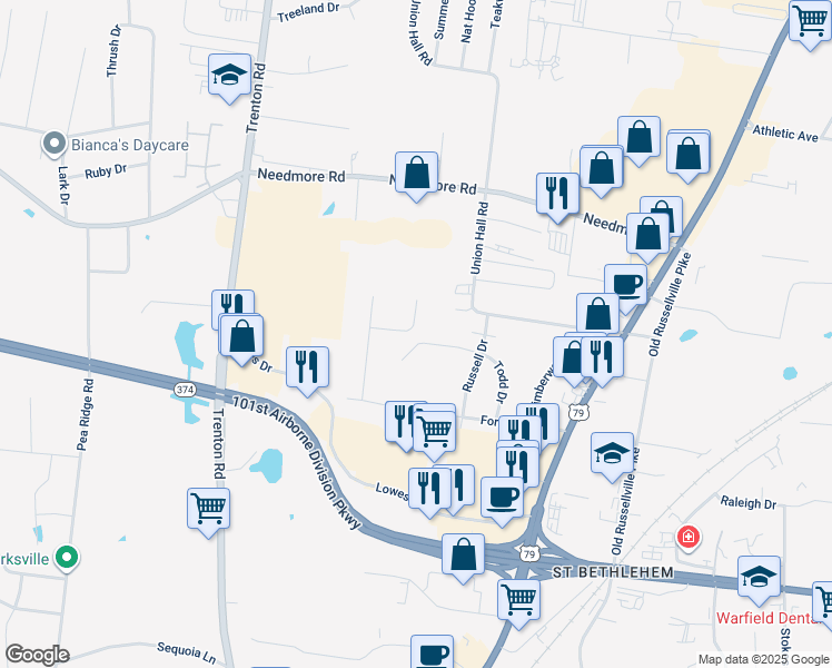 map of restaurants, bars, coffee shops, grocery stores, and more near 307 Hillman Drive in Clarksville