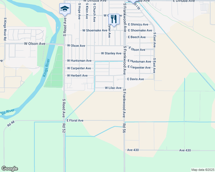 map of restaurants, bars, coffee shops, grocery stores, and more near 297 West Lilac Avenue in Reedley
