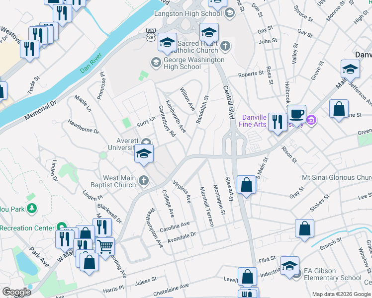 map of restaurants, bars, coffee shops, grocery stores, and more near 314 West Main Street in Danville