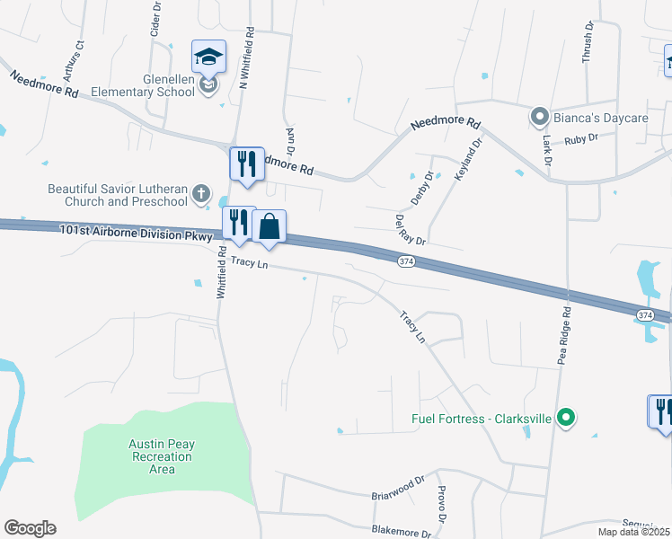 map of restaurants, bars, coffee shops, grocery stores, and more near 855 Tracy Lane in Clarksville