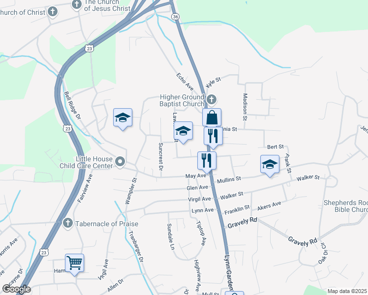 map of restaurants, bars, coffee shops, grocery stores, and more near 1500 Woodland Avenue in Kingsport