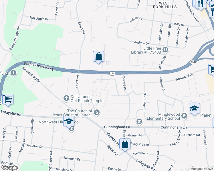 map of restaurants, bars, coffee shops, grocery stores, and more near 1718 Thistlewood Drive in Clarksville