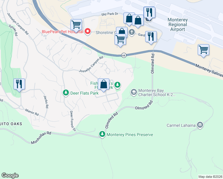 map of restaurants, bars, coffee shops, grocery stores, and more near 2116 San Vito Circle in Monterey