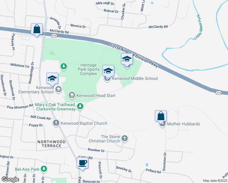 map of restaurants, bars, coffee shops, grocery stores, and more near 251 East Pine Mountain Road in Clarksville