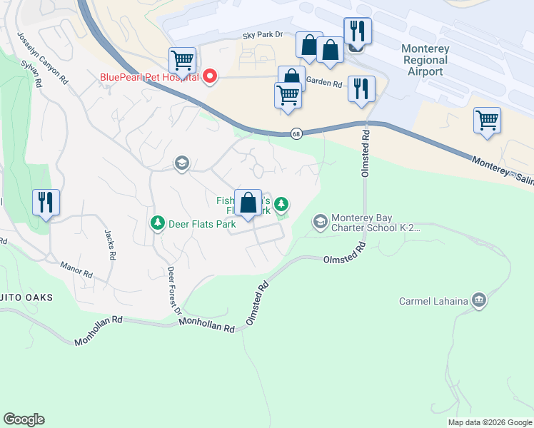 map of restaurants, bars, coffee shops, grocery stores, and more near 2157 Trapani Circle in Monterey