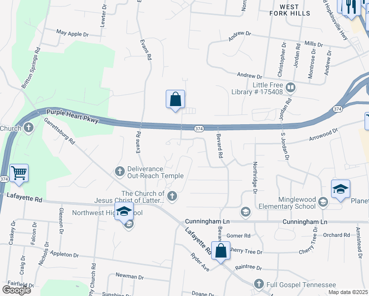 map of restaurants, bars, coffee shops, grocery stores, and more near 1718 Thistlewood Drive in Clarksville
