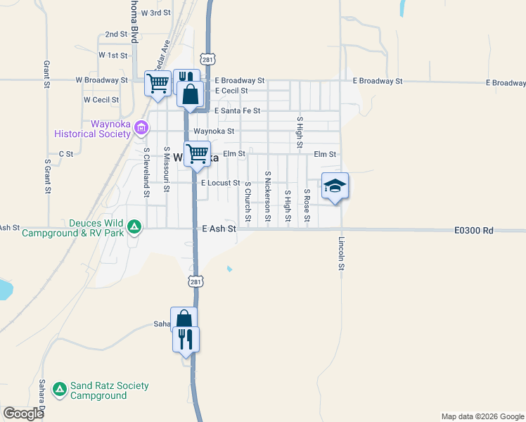 map of restaurants, bars, coffee shops, grocery stores, and more near 1019 South Nickerson Street in Waynoka