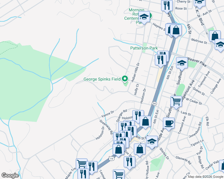map of restaurants, bars, coffee shops, grocery stores, and more near 401 Knob Hill Drive in Bristol