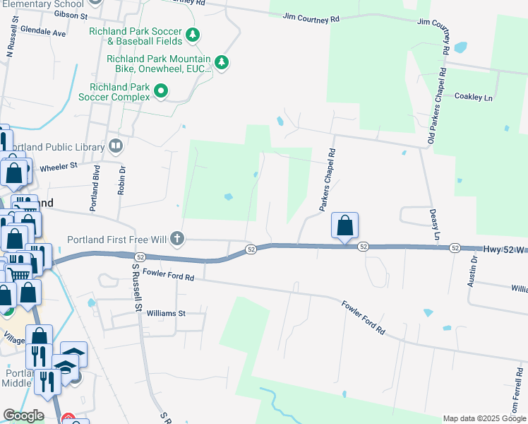 map of restaurants, bars, coffee shops, grocery stores, and more near 101 Portland Courtyard Drive in Portland
