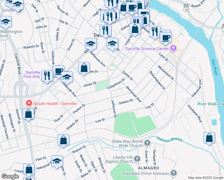 map of restaurants, bars, coffee shops, grocery stores, and more near 609 Jefferson Street in Danville
