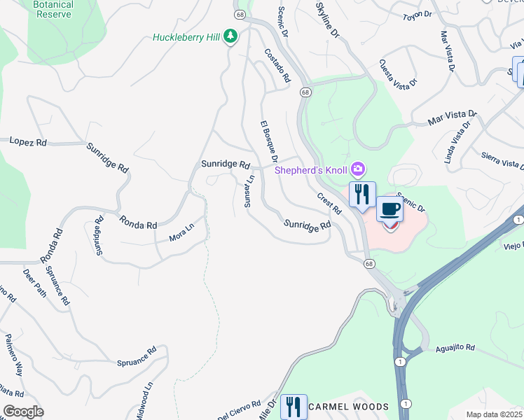 map of restaurants, bars, coffee shops, grocery stores, and more near 4122 Sunridge Road in Del Monte Forest