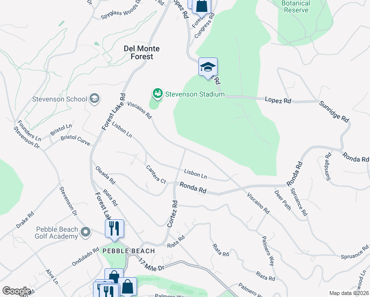map of restaurants, bars, coffee shops, grocery stores, and more near 1379 Viscaino Rd in Del Monte Forest