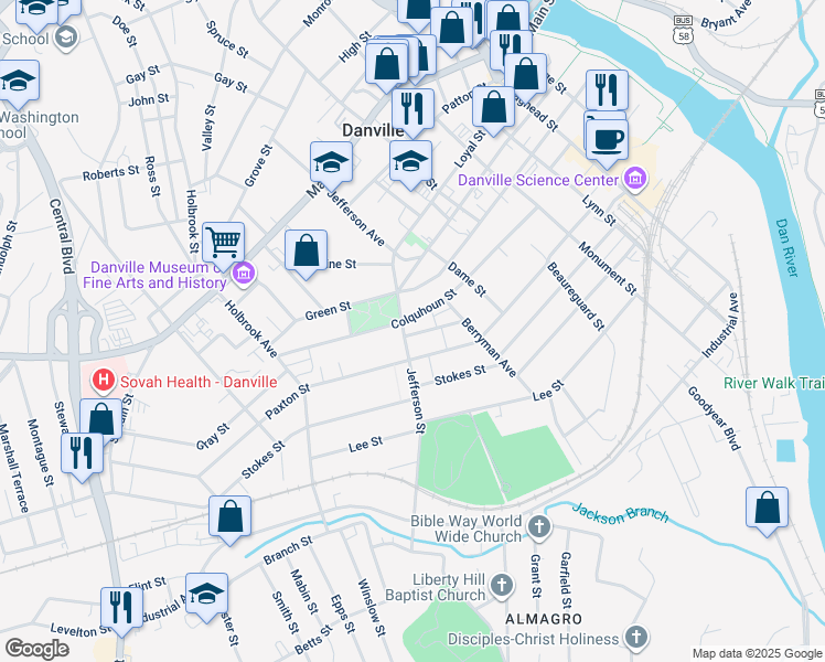 map of restaurants, bars, coffee shops, grocery stores, and more near 609 Jefferson Street in Danville