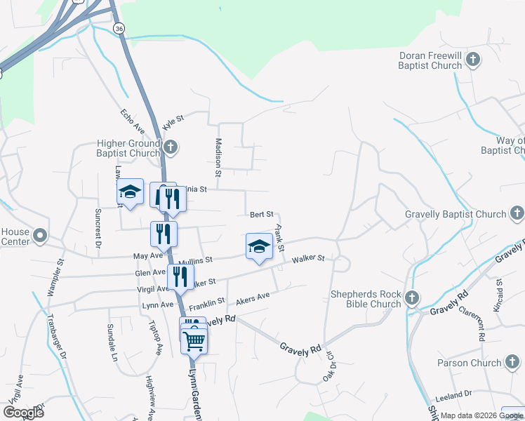 map of restaurants, bars, coffee shops, grocery stores, and more near 253 Edward Street in Kingsport