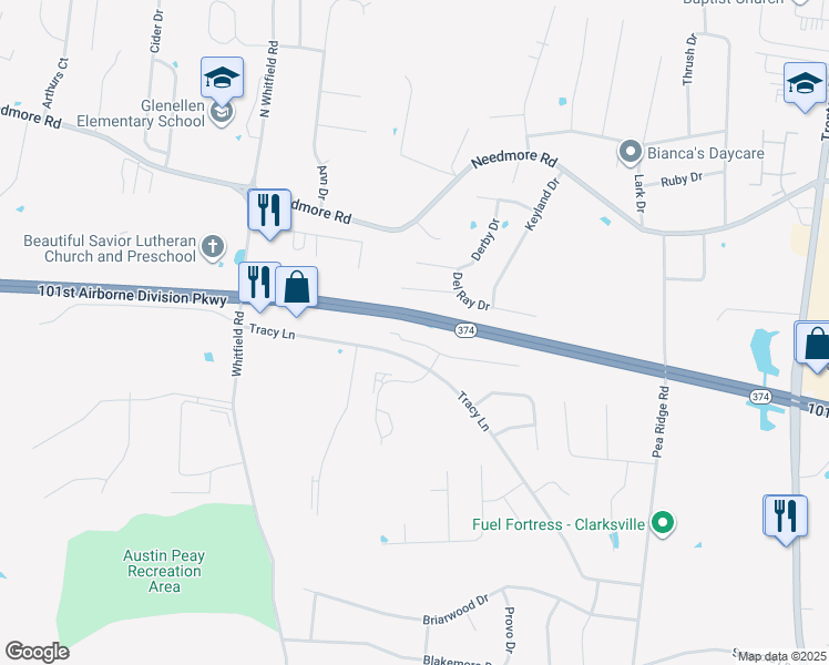 map of restaurants, bars, coffee shops, grocery stores, and more near 820 Oak Arbor Court in Clarksville