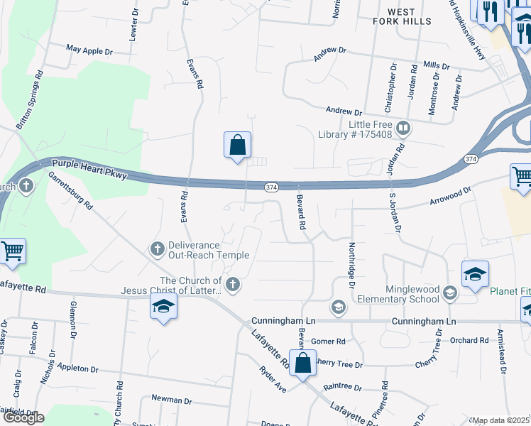 map of restaurants, bars, coffee shops, grocery stores, and more near 1718 Thistlewood Drive in Clarksville