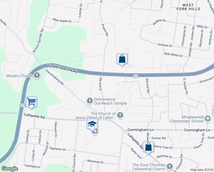 map of restaurants, bars, coffee shops, grocery stores, and more near 1655 Evans Road in Clarksville