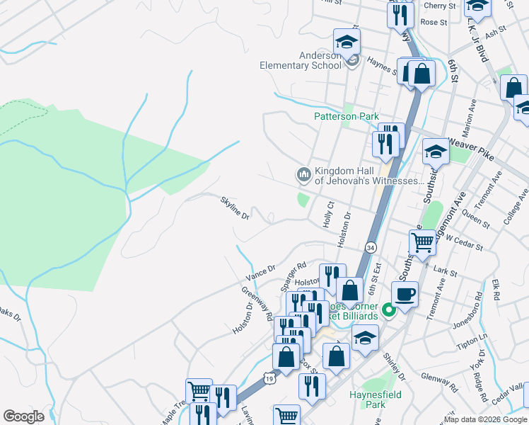 map of restaurants, bars, coffee shops, grocery stores, and more near 402 Knob Hill Drive in Bristol