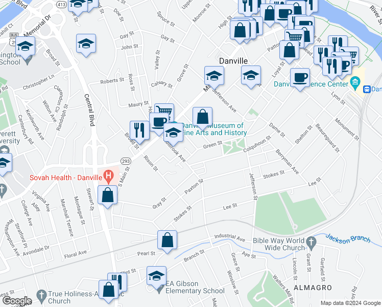 map of restaurants, bars, coffee shops, grocery stores, and more near 940 Green Street in Danville