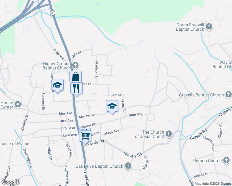 map of restaurants, bars, coffee shops, grocery stores, and more near 253 Edward Street in Kingsport