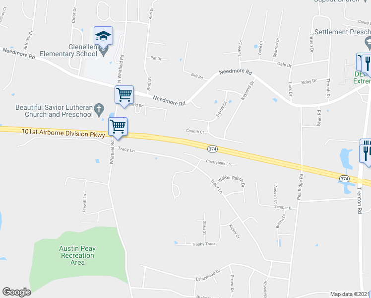 map of restaurants, bars, coffee shops, grocery stores, and more near 614 Corinth Court in Clarksville