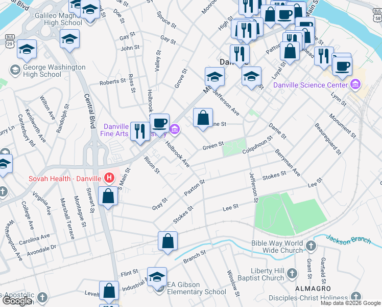 map of restaurants, bars, coffee shops, grocery stores, and more near 922 West Green Street in Danville