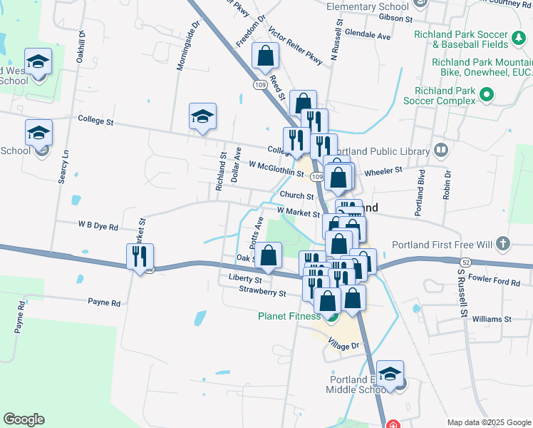 map of restaurants, bars, coffee shops, grocery stores, and more near 301 West Market Street in Portland