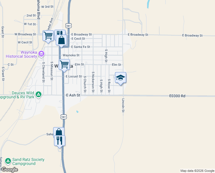 map of restaurants, bars, coffee shops, grocery stores, and more near 1162 South High Street in Waynoka