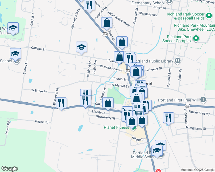 map of restaurants, bars, coffee shops, grocery stores, and more near 110 Church Street in Portland