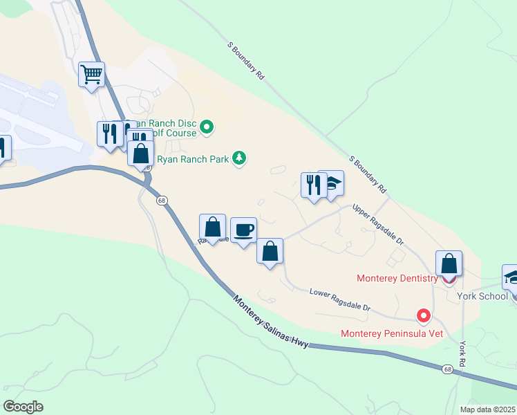 map of restaurants, bars, coffee shops, grocery stores, and more near 5 Harris Court in Monterey