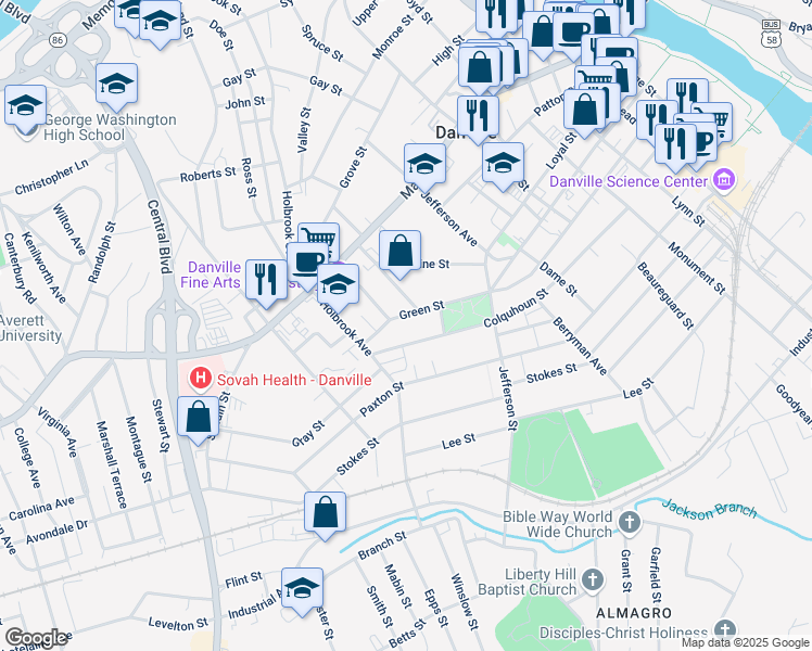 map of restaurants, bars, coffee shops, grocery stores, and more near 915 Green Street in Danville