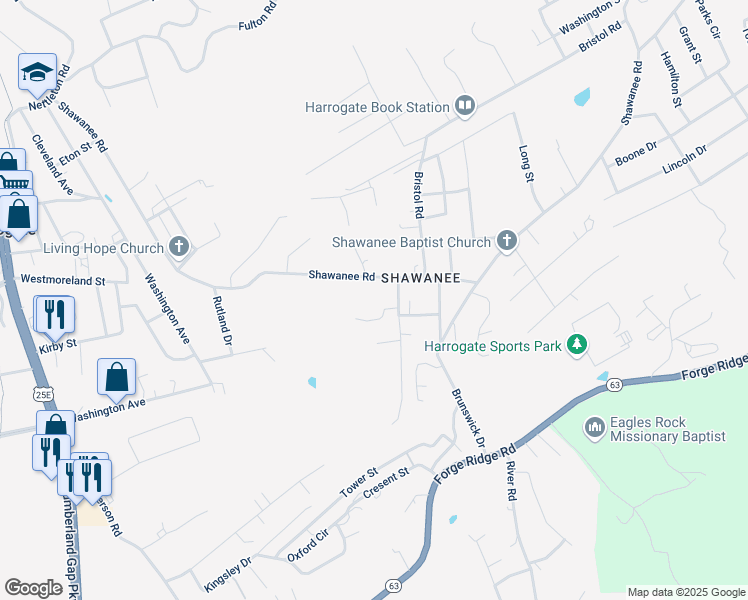 map of restaurants, bars, coffee shops, grocery stores, and more near 600 Shawanee Road in Harrogate