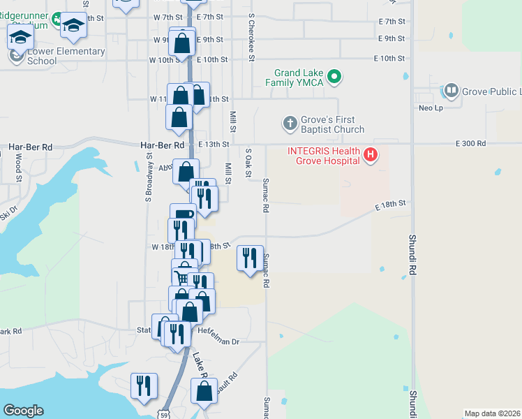 map of restaurants, bars, coffee shops, grocery stores, and more near Sumac Road in Grove
