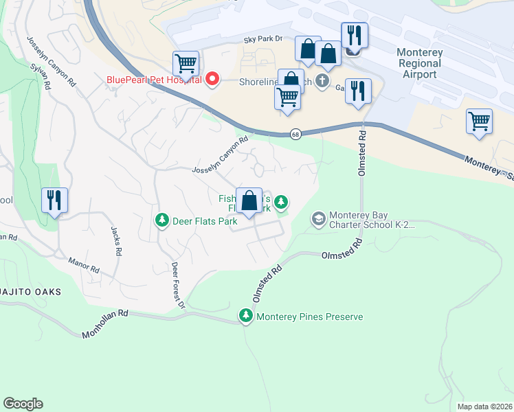 map of restaurants, bars, coffee shops, grocery stores, and more near 2101 Trapani Circle in Monterey