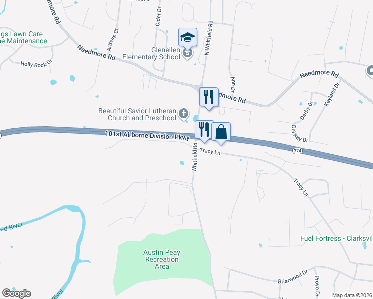 map of restaurants, bars, coffee shops, grocery stores, and more near 2502 Whitfield Road in Clarksville