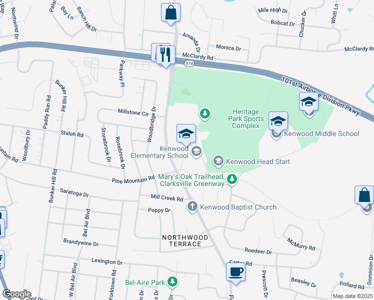 map of restaurants, bars, coffee shops, grocery stores, and more near 1101 Peachers Mill Road in Clarksville