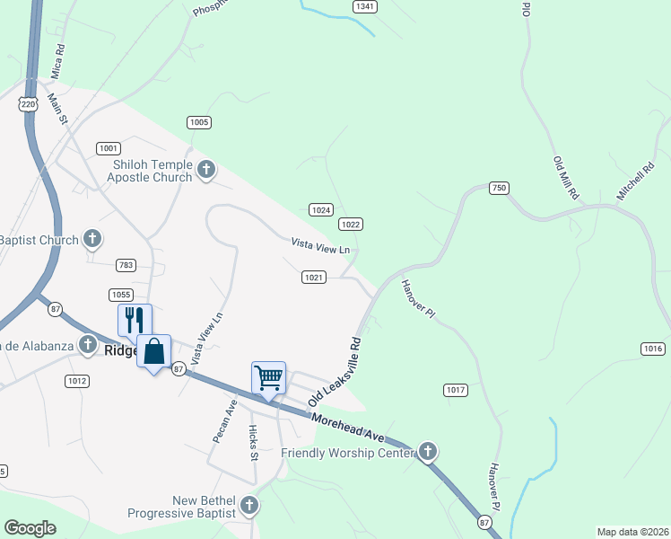 map of restaurants, bars, coffee shops, grocery stores, and more near 93 Vista View Lane in Ridgeway