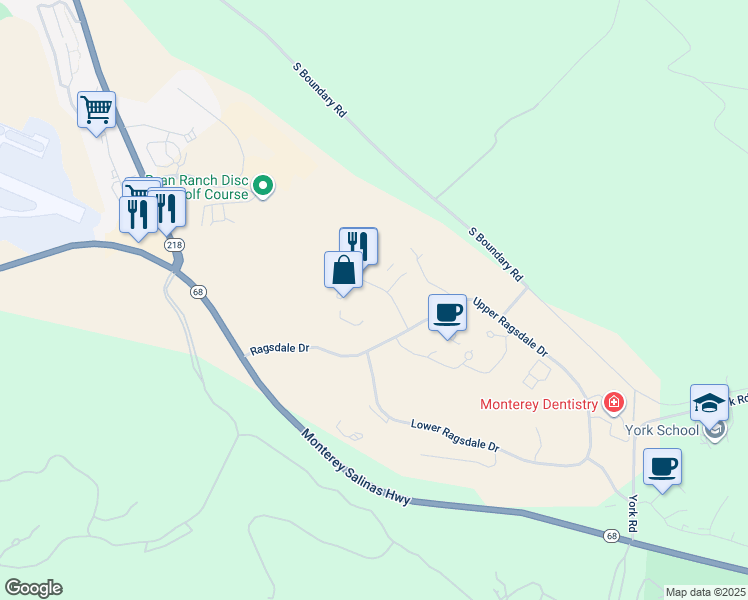 map of restaurants, bars, coffee shops, grocery stores, and more near 5 Harris Court in Monterey