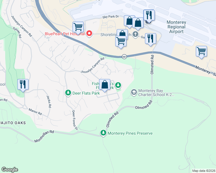 map of restaurants, bars, coffee shops, grocery stores, and more near 2101 Trapani Circle in Monterey