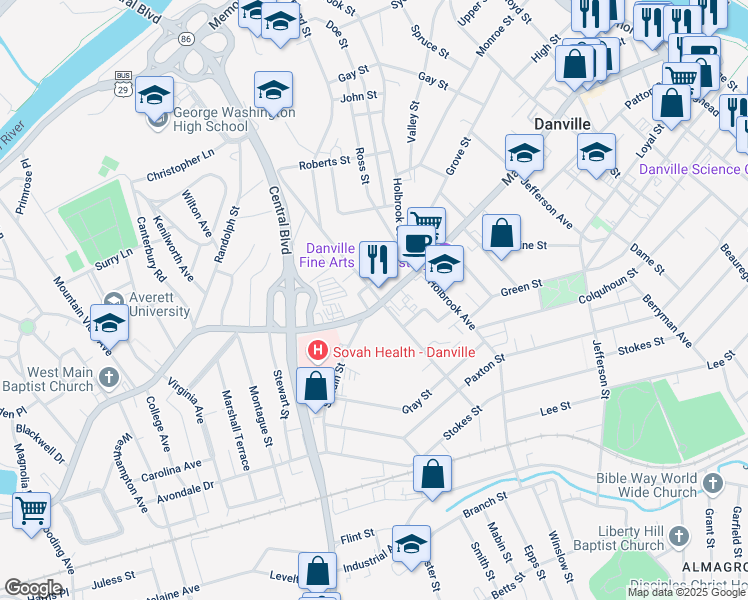 map of restaurants, bars, coffee shops, grocery stores, and more near 1040 Main Street in Danville