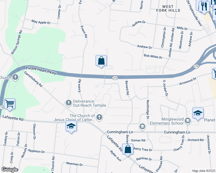 map of restaurants, bars, coffee shops, grocery stores, and more near 1721 Thistlewood Drive in Clarksville