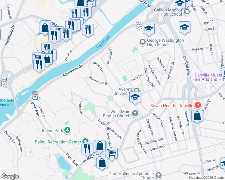 map of restaurants, bars, coffee shops, grocery stores, and more near 468 Hawthorne Drive in Danville
