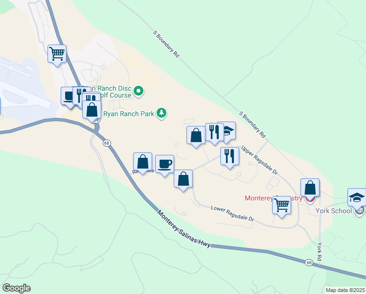 map of restaurants, bars, coffee shops, grocery stores, and more near 5 Harris Court in Monterey