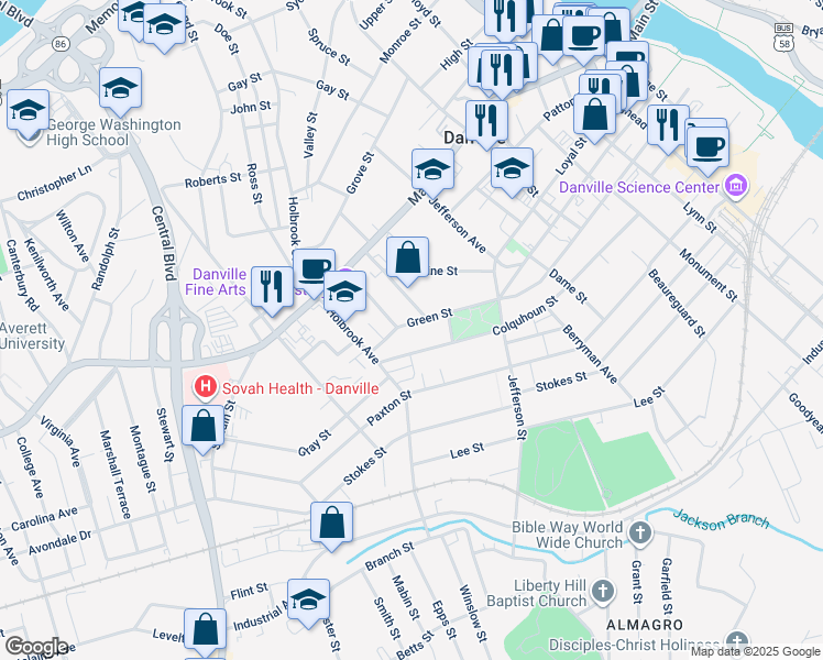 map of restaurants, bars, coffee shops, grocery stores, and more near 915 Green Street in Danville