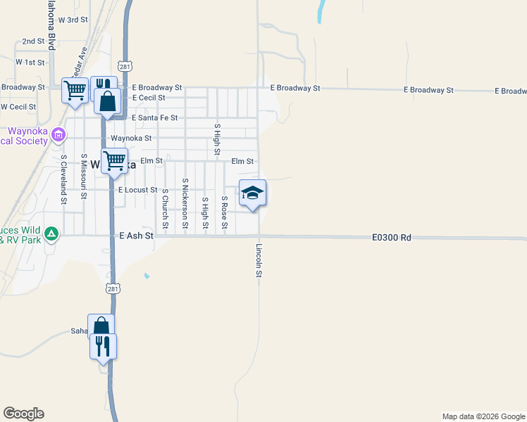 map of restaurants, bars, coffee shops, grocery stores, and more near 1143 South Lincoln Street in Waynoka