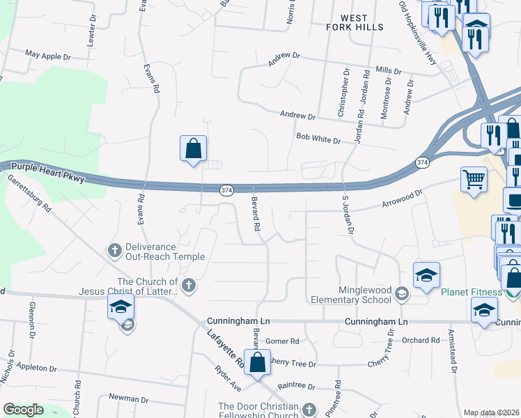 map of restaurants, bars, coffee shops, grocery stores, and more near 1641 Bevard Road in Clarksville