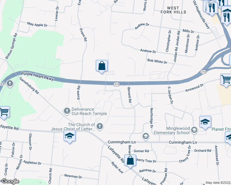 map of restaurants, bars, coffee shops, grocery stores, and more near 1721 Thistlewood Drive in Clarksville